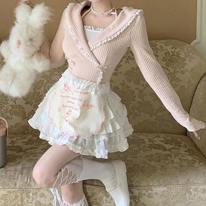 Mock Two-Piece Long-Sleeve Halter Neck Bow Accent Lace Trim Crop Knit Top / High Rise Plain Tiered Mini A-Line Skirt / Half Apron / Set