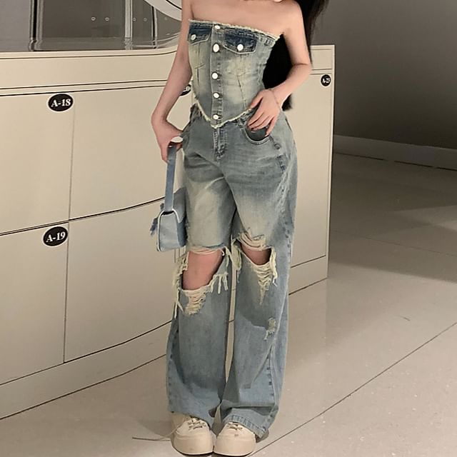 Ripped Button-Up / Jeans Rise High Washed Crop Tube Frayed Top Denim Loose Fit