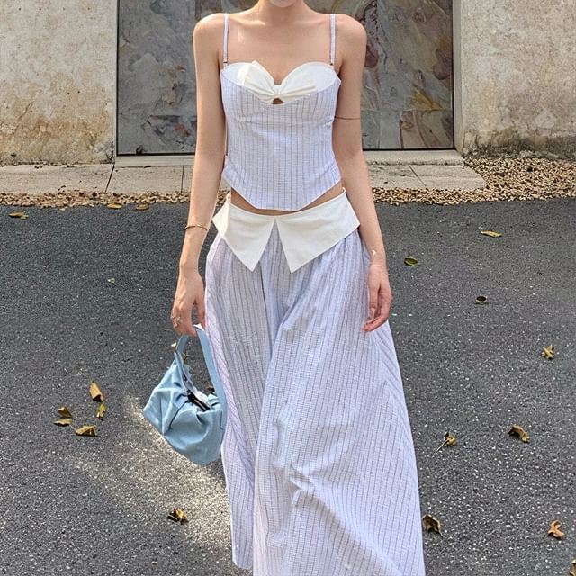 Mock Two-Piece Sweetheart Neckline Striped Cutout Crop Camisole Top / High Waist Maxi A-Line Skirt