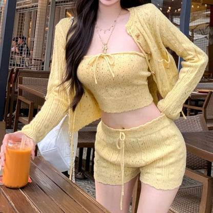Speckle Perforated Tie Front Knit Crop Tube Top / Drawstring Waist Hot Pants / Cardigan