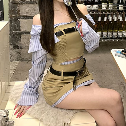 Two-Piece Smocked Long-Sleeve Striped Crop Off-Shoulder Waist Panel Mock Skirt A-Line / High Belt Mini Set Blouse
