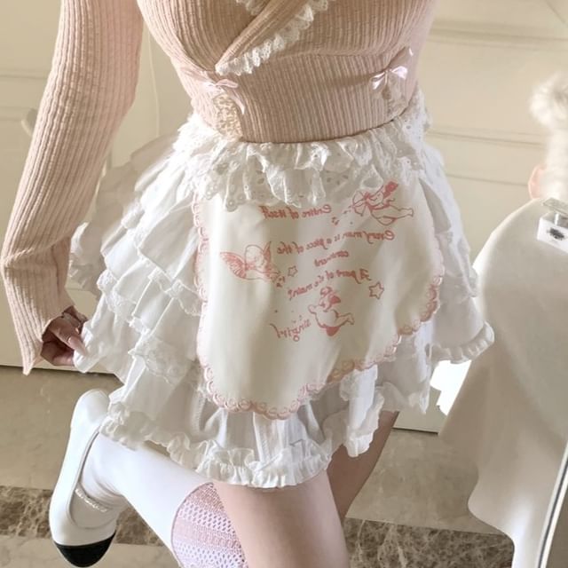 Mock Two-Piece Long-Sleeve Halter Neck Bow Accent Lace Trim Crop Knit Top / High Rise Plain Tiered Mini A-Line Skirt / Half Apron / Set