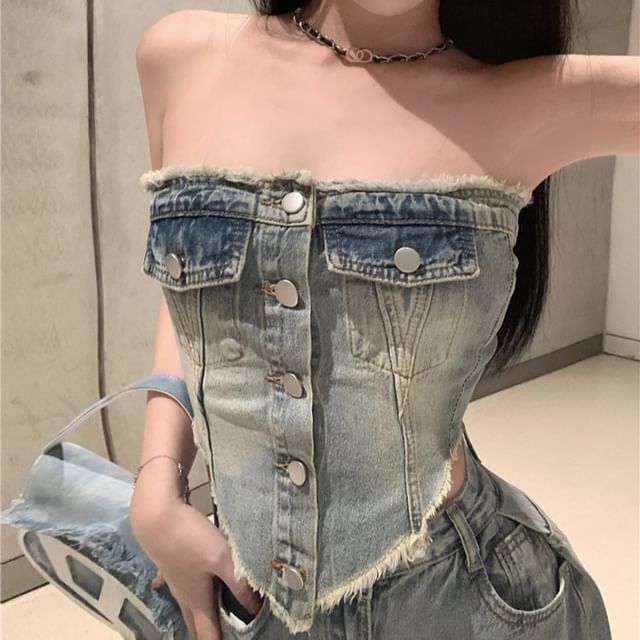Ripped Button-Up / Jeans Rise High Washed Crop Tube Frayed Top Denim Loose Fit