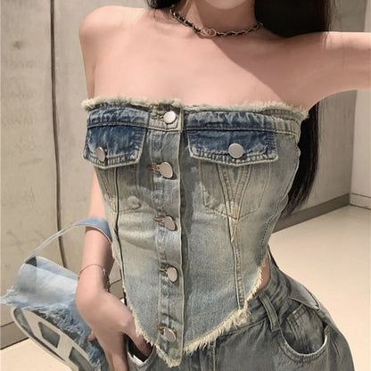Ripped Button-Up / Jeans Rise High Washed Crop Tube Frayed Top Denim Loose Fit
