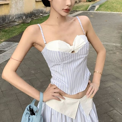 Mock Two-Piece Sweetheart Neckline Striped Cutout Crop Camisole Top / High Waist Maxi A-Line Skirt