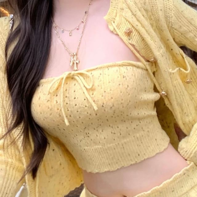 Speckle Perforated Tie Front Knit Crop Tube Top / Drawstring Waist Hot Pants / Cardigan