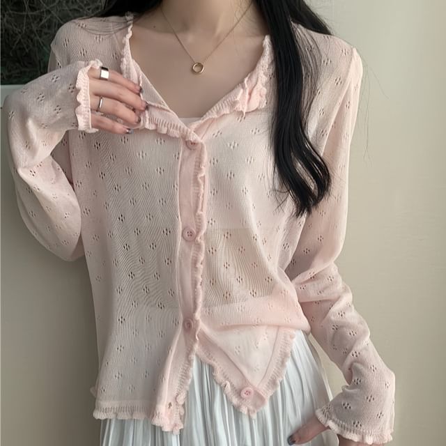 Plain Lettuce Edge Pointelle Knit Cardigan