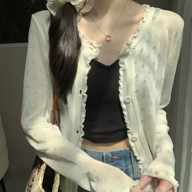 Plain Lettuce Edge Pointelle Knit Cardigan