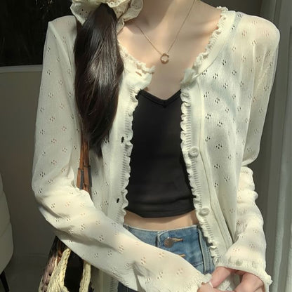 Plain Lettuce Edge Pointelle Knit Cardigan