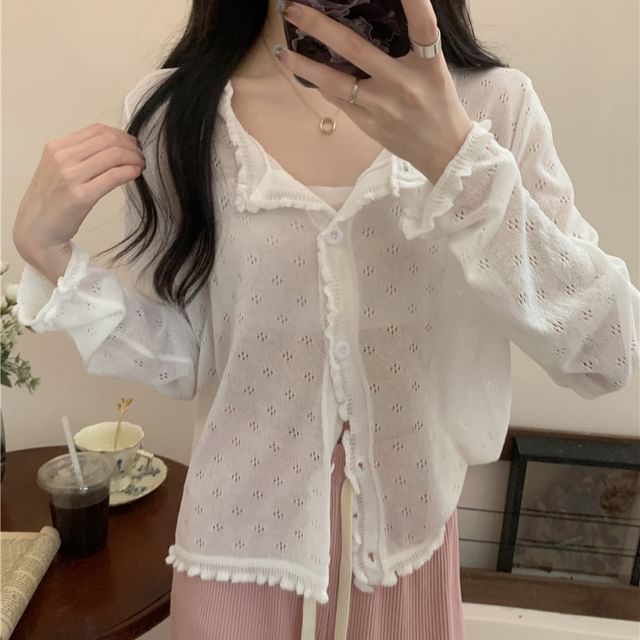 Plain Lettuce Edge Pointelle Knit Cardigan