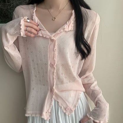 Plain Lettuce Edge Pointelle Knit Cardigan