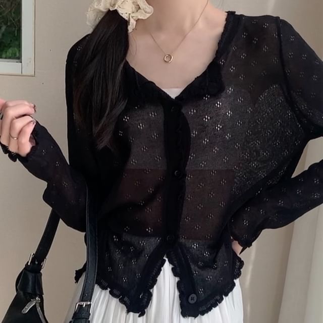 Plain Lettuce Edge Pointelle Knit Cardigan