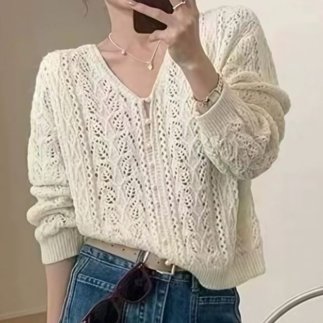 V-Neck Plain Faux Pearl Button Pointelle Knit Cardigan