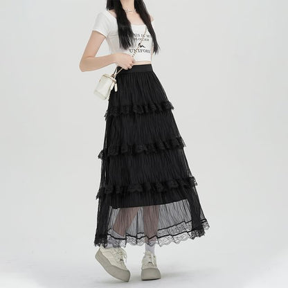 High Waist Plain Tiered Lace Midi A-Line Skirt