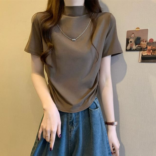 Short-Sleeve Mock Neck Plain Ruched Knit Top