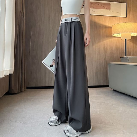 High Rise Lace Panel Wide Leg Slacks