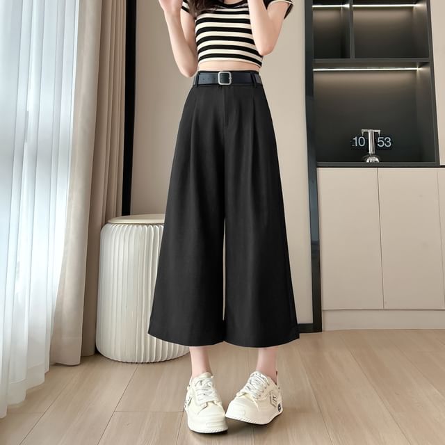 High Waist Plain Capri Wide Leg Dress Pants