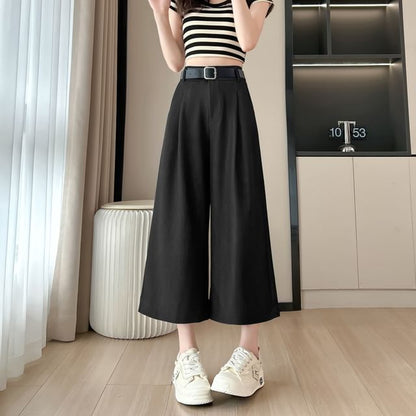 High Waist Plain Capri Wide Leg Dress Pants