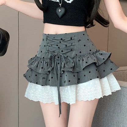High Waist Dotted Bow Tiered Lace Panel Mini A-Line Skirt
