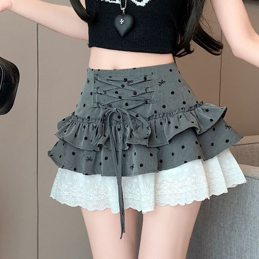 High Waist Dotted Bow Tiered Lace Panel Mini A-Line Skirt
