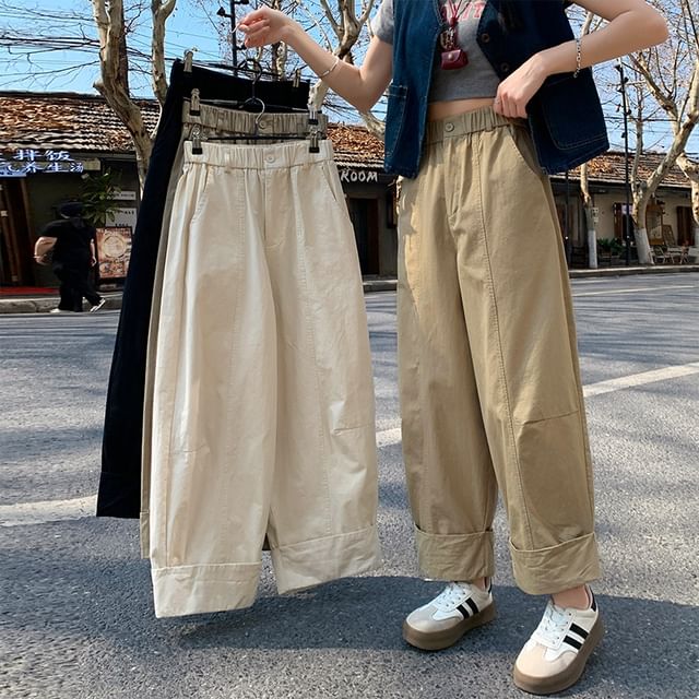 Elastic Waist Plain Cropped Wide Leg Pants