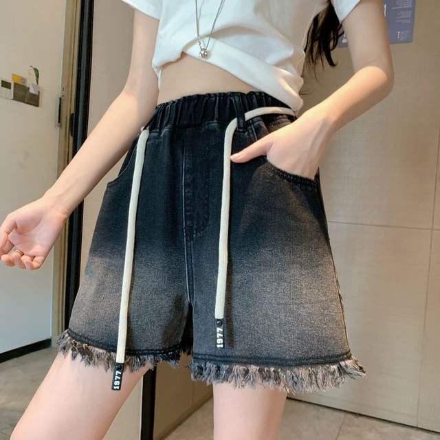 Drawstring Waist Fringed Washed Denim Shorts
