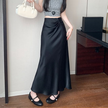High Waist Plain Ruched Midi A-Line Skirt