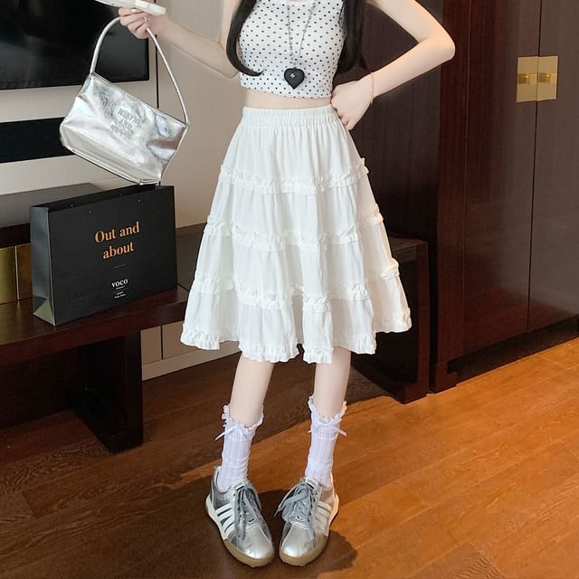 Elastic Waist Plain Ruffle Trim Tiered A-Line Skirt