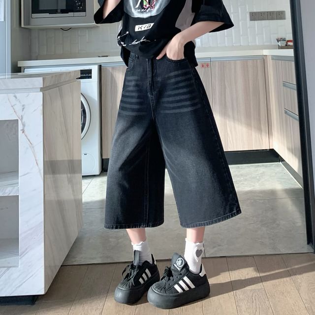 High Waist Washed Capri Wide Leg Jeans