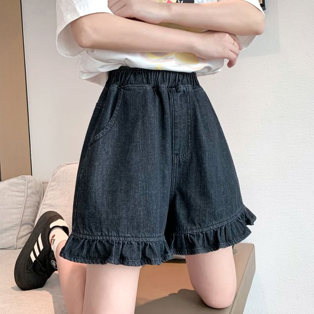 Elastic Waist Ruffle Trim Denim Shorts