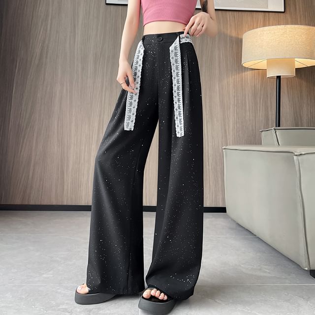 High Waist Sequin Lace Panel Wide Leg Dress Pants (Various Designs)