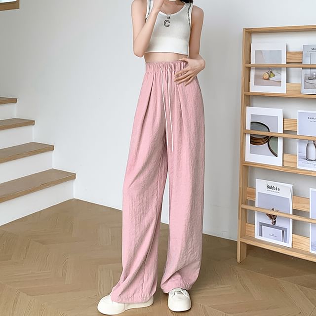 Drawstring Waist Plain Wide Leg Pants