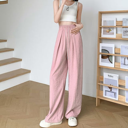 Drawstring Waist Plain Wide Leg Pants