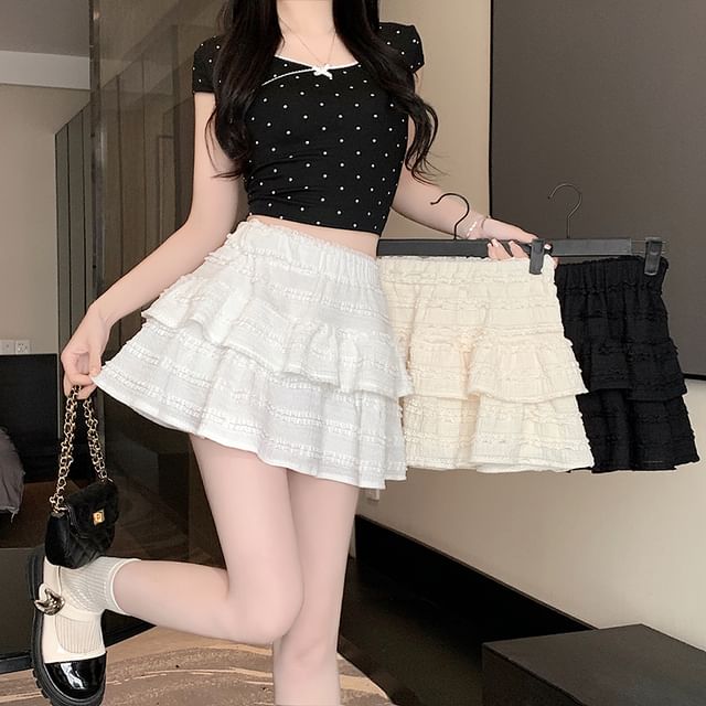 Balletcore Elastic Waist Plain Tiered Mini A-Line Skirt