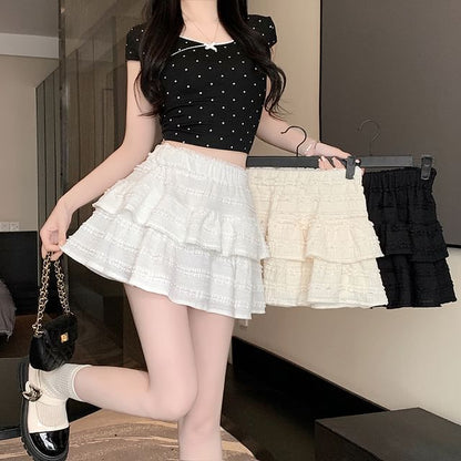 Balletcore Elastic Waist Plain Tiered Mini A-Line Skirt