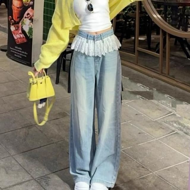 High Waist Lace Panel Washed Wide Leg Jeans