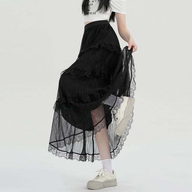 High Waist Plain Tiered Lace Midi A-Line Skirt