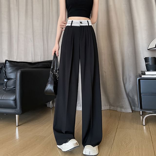 High Rise Lace Panel Wide Leg Slacks