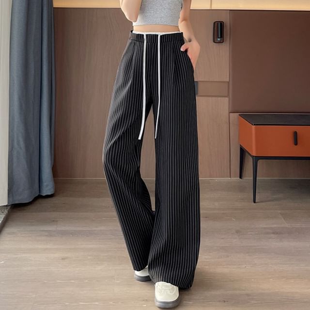 Drawstring Waist Pinstriped Wide Leg Pants (Various Designs)
