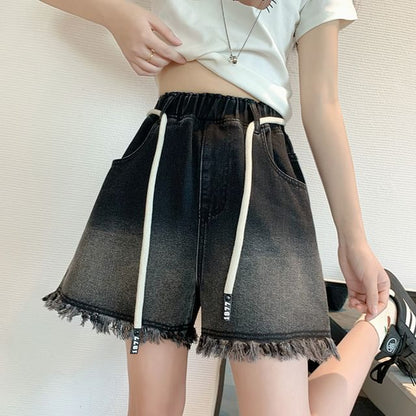 Drawstring Waist Fringed Washed Denim Shorts