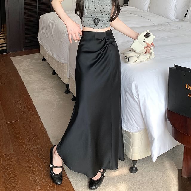 High Waist Plain Ruched Midi A-Line Skirt