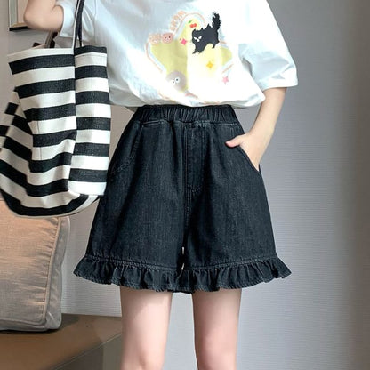 Elastic Waist Ruffle Trim Denim Shorts