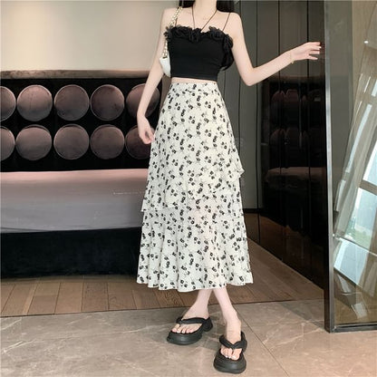 High Rise Floral Slit Tiered Midi A-Line Skirt