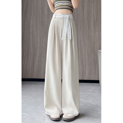 High Waist Sequin Lace Panel Wide Leg Dress Pants (Various Designs)