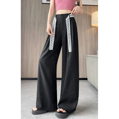 High Waist Sequin Lace Panel Wide Leg Dress Pants (Various Designs)