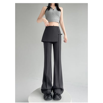High Waist Buckled Skirt Overlay Flared Suit Pants (Various Designs)