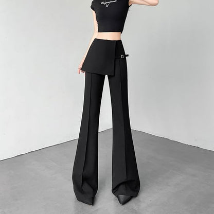 High Waist Buckled Skirt Overlay Flared Suit Pants (Various Designs)
