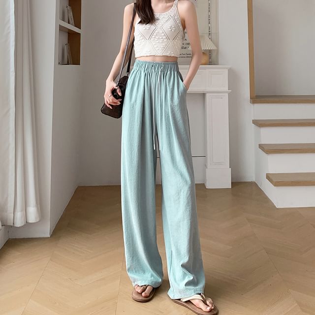 Drawstring Waist Plain Wide Leg Pants