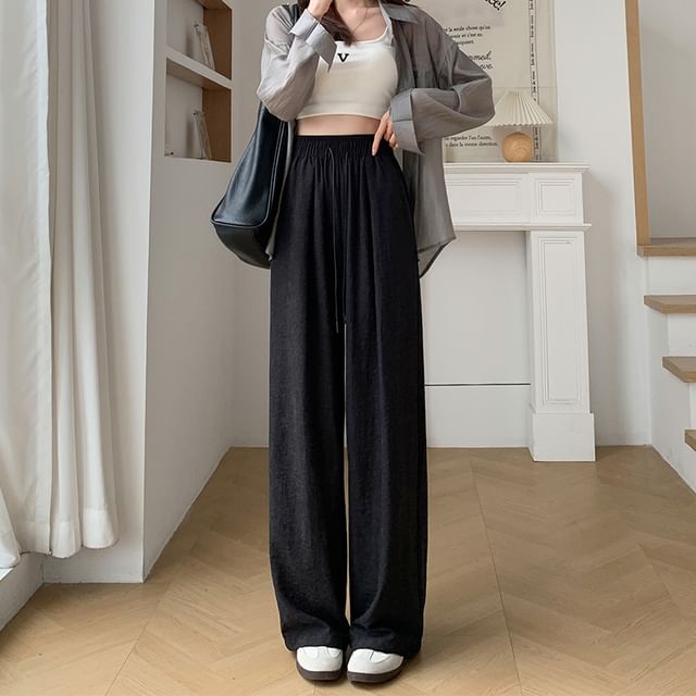 Drawstring Waist Plain Wide Leg Pants