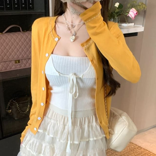 Plain Tie Front Ribbed Crop Knit Tank Top / Round Neck Contrast Stitching Cardigan